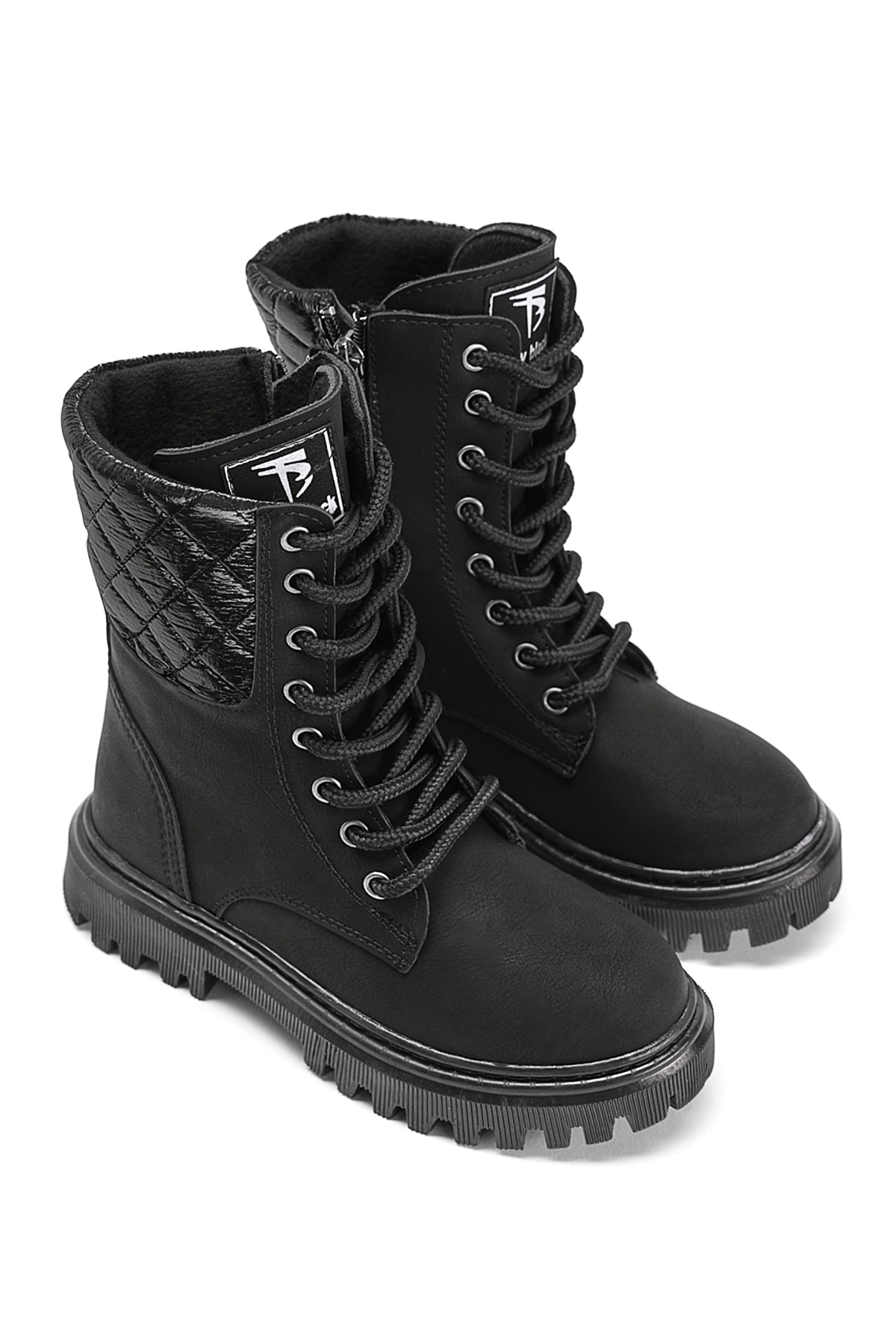 Kız Çocuk Siyah Termo Taban Kapitone Detaylı Bağcıklı ve Fermuarlı Uzun Bot