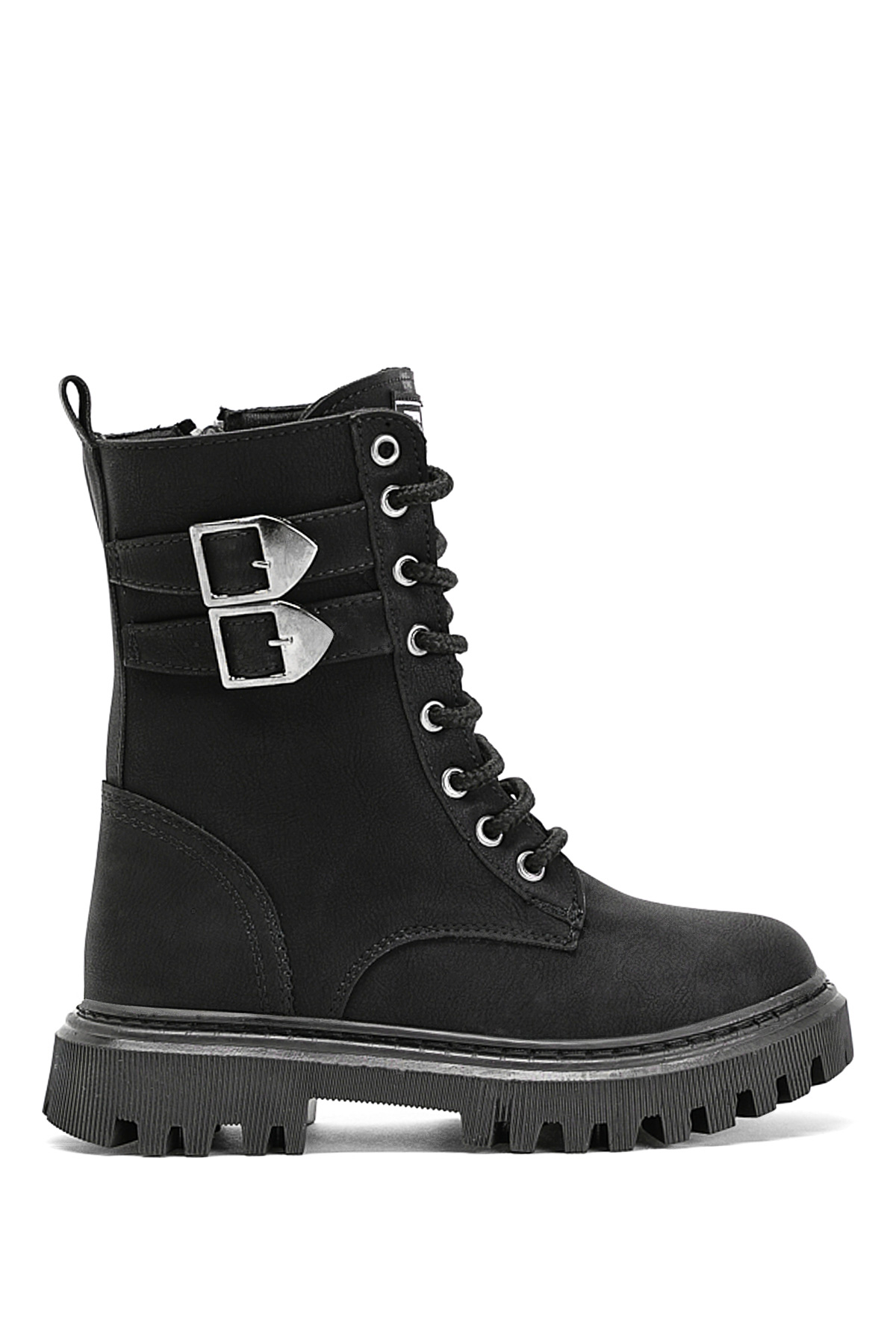 Kız Çocuk Siyah Termo Taban Yanı Toka Detaylı Bağcıklı ve Fermuarlı Uzun Bot