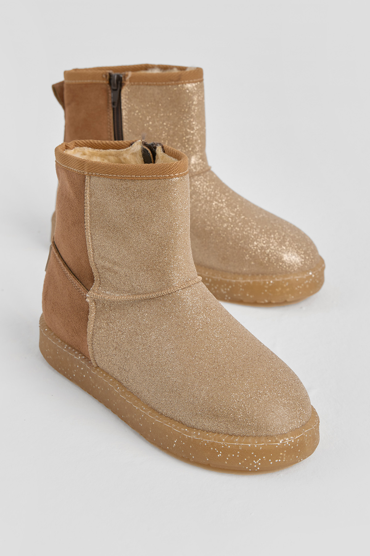 Kız Çocuk Taba Simli Termo Taban Süet Görünümlü İçi Kürklü Kısa Bot