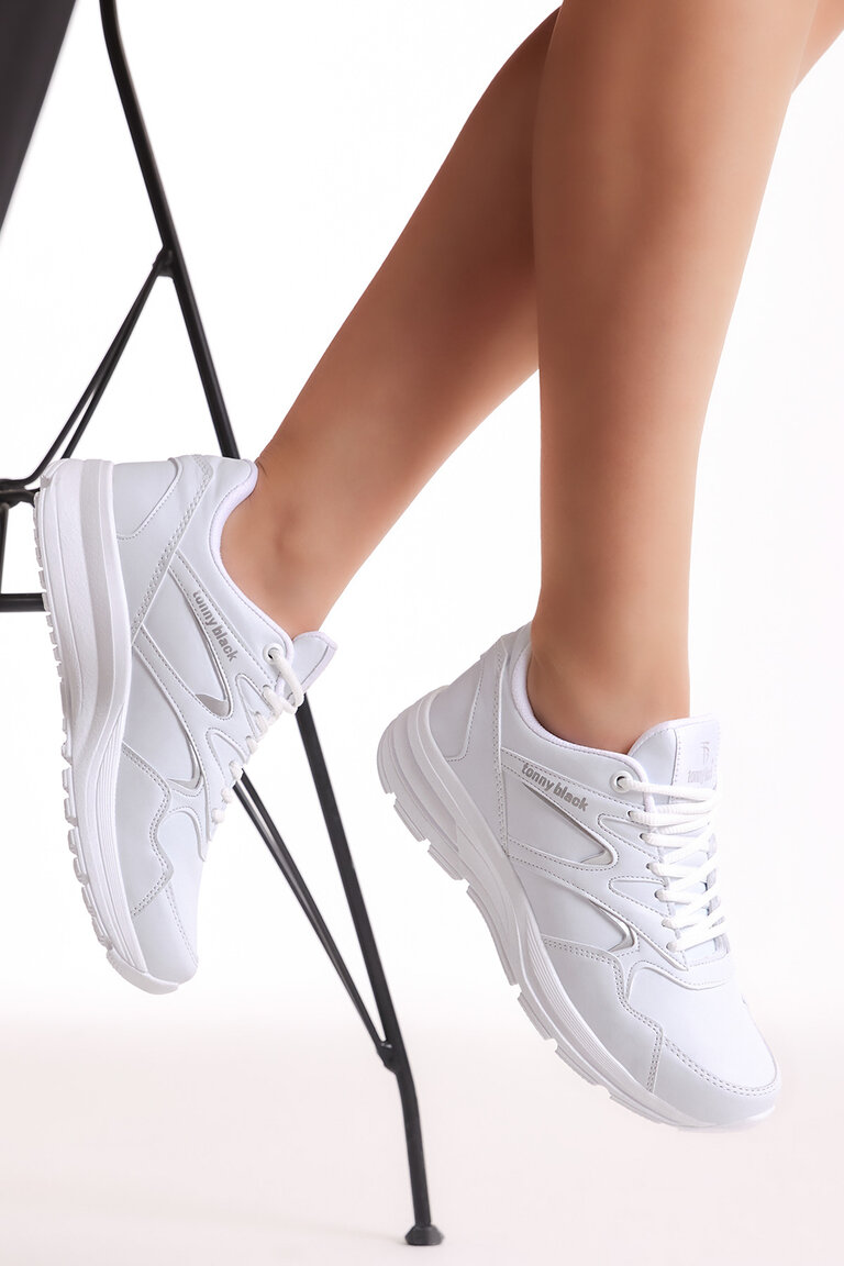 Unisex Beyaz Poli Taban Nefes Alabilen Kumaş Bağcıklı Spor Ayakkabı
