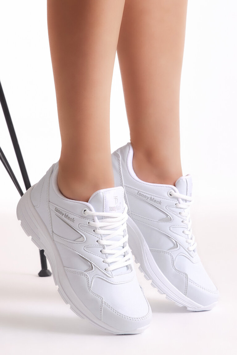 Unisex Beyaz Poli Taban Nefes Alabilen Kumaş Bağcıklı Spor Ayakkabı