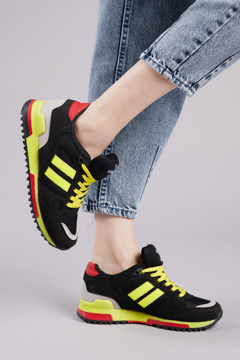 Unisex Siyah Sarı Termo Taban Şeritli Bağcıklı Spor Ayakkabı