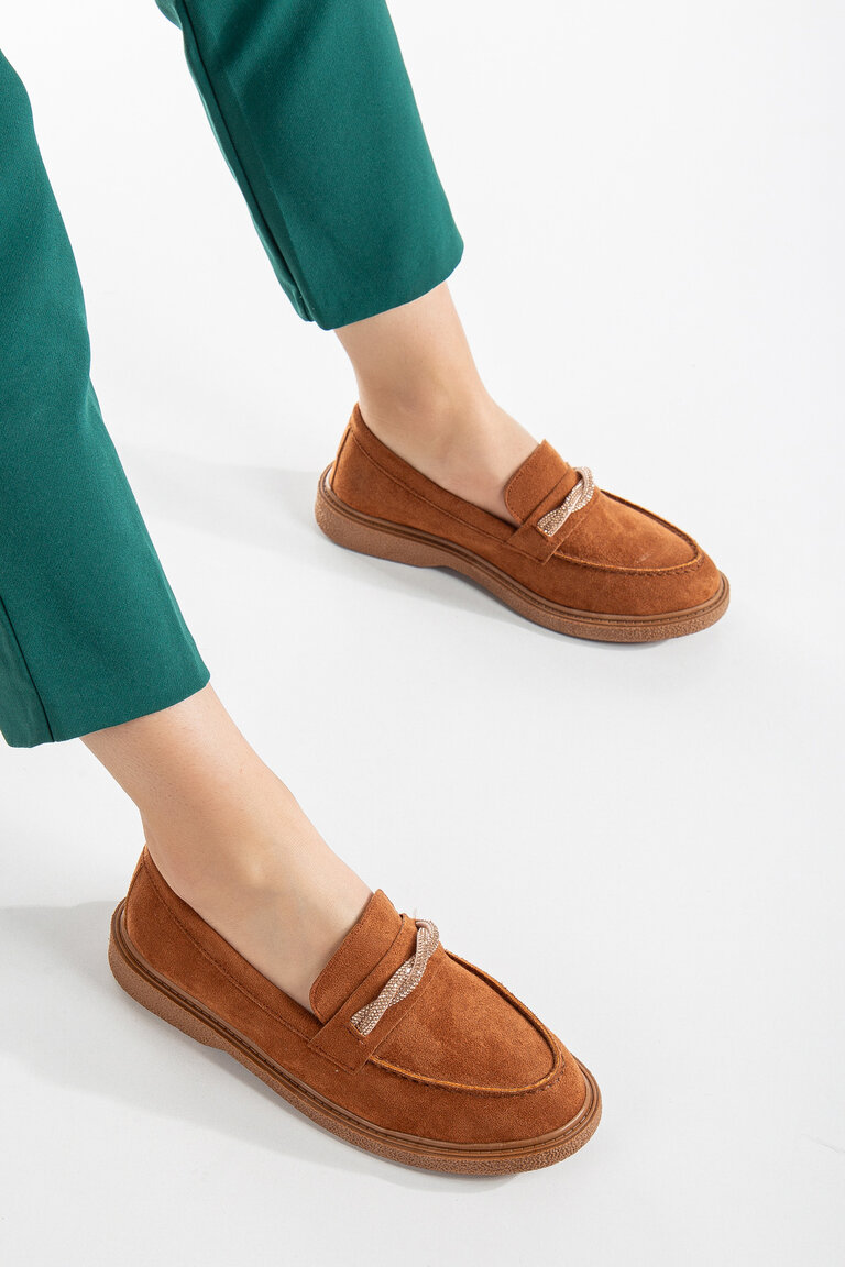 Kadın Taba Süet Rahat Kalıp Önü Sarmal Taşlı Günlük Loafer