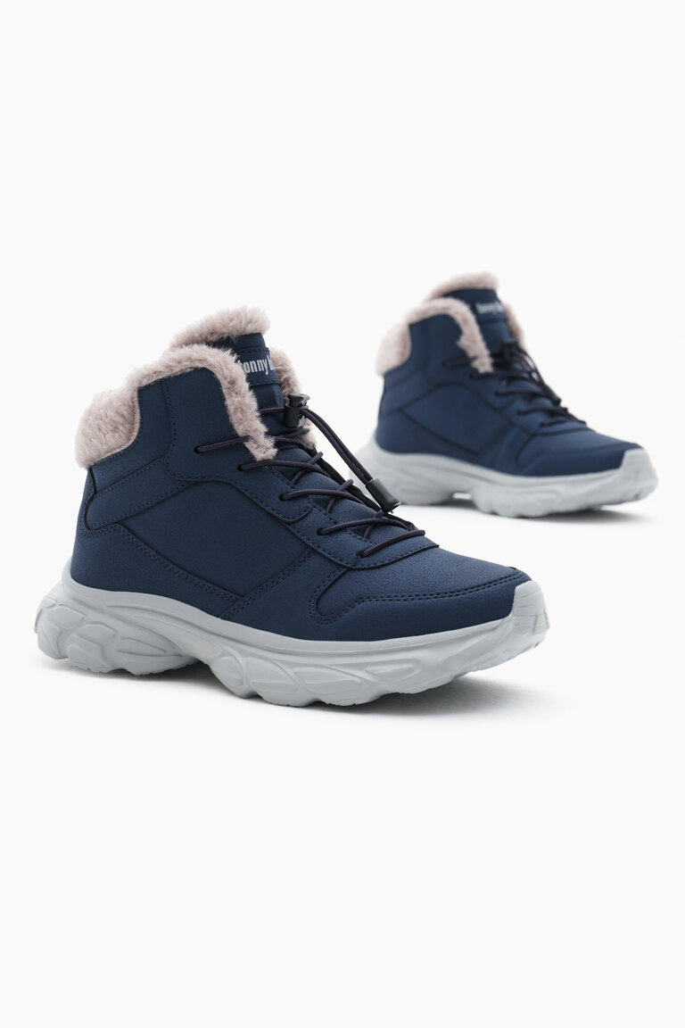 Çocuk Unisex Lacivert Faylon Taban İçi Kürklü Lastik Bağcıklı Bot