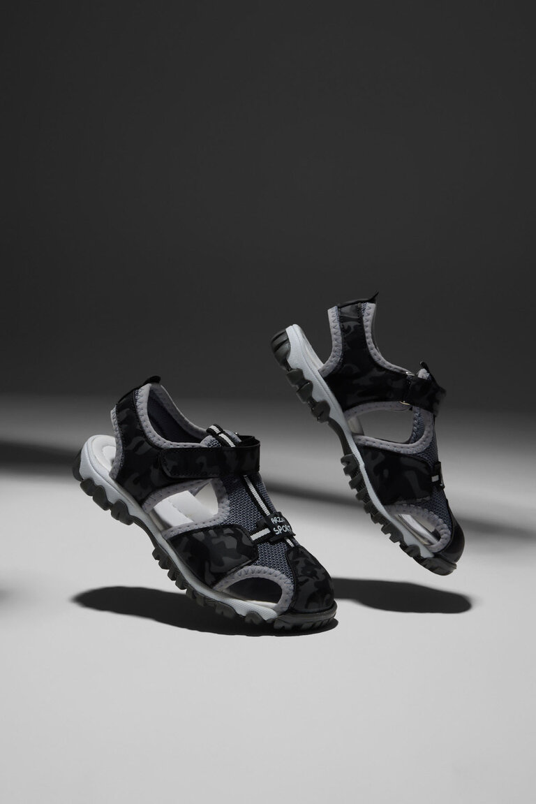 Çocuk Unisex Siyah Kamuflaj Çoçuk Cırtlı Rahat Kalıp Sandalet