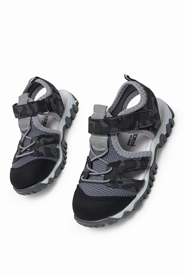 Çocuk Unisex Siyah Kamuflaj Çoçuk Cırt Ve Bağcıklı Rahat Kalıp Sandalet