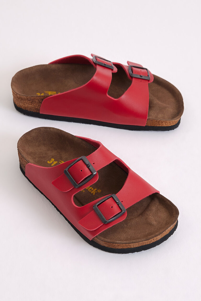 Çocuk Unisex Kırmızı Rahat Kalıp Poli Taban Çift Tokalı Nubuk Sandalet