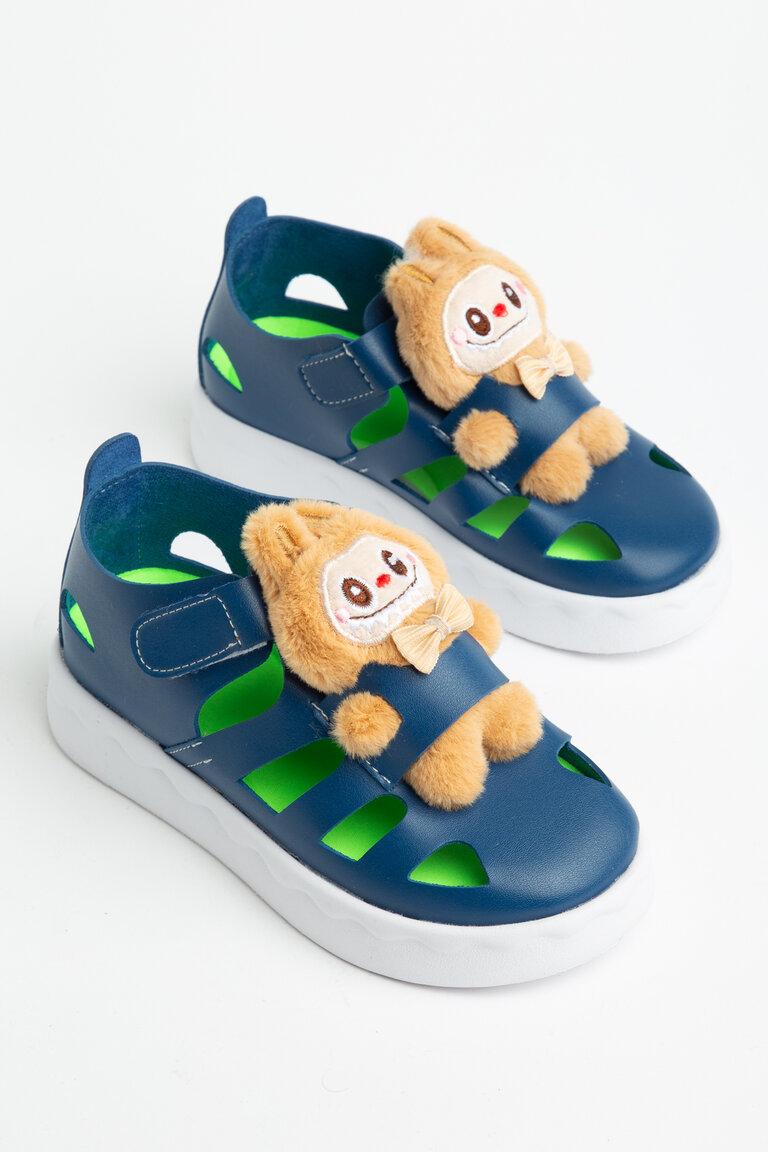 Çocuk Unisex Lacivert Hafif Taban Ayıcık Detaylı Cırtlı Sandalet