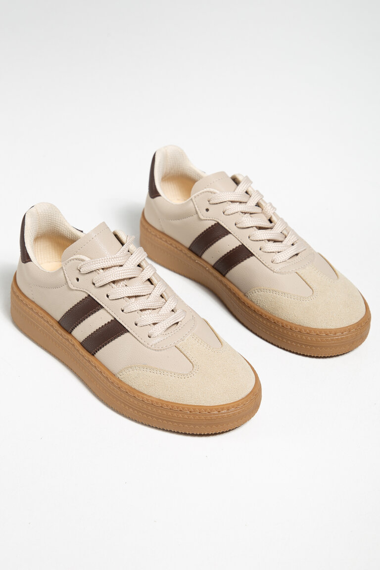 Kadın Bej Kahve Kadın Rahat Kalıp Yumuşak Deri Sneaker