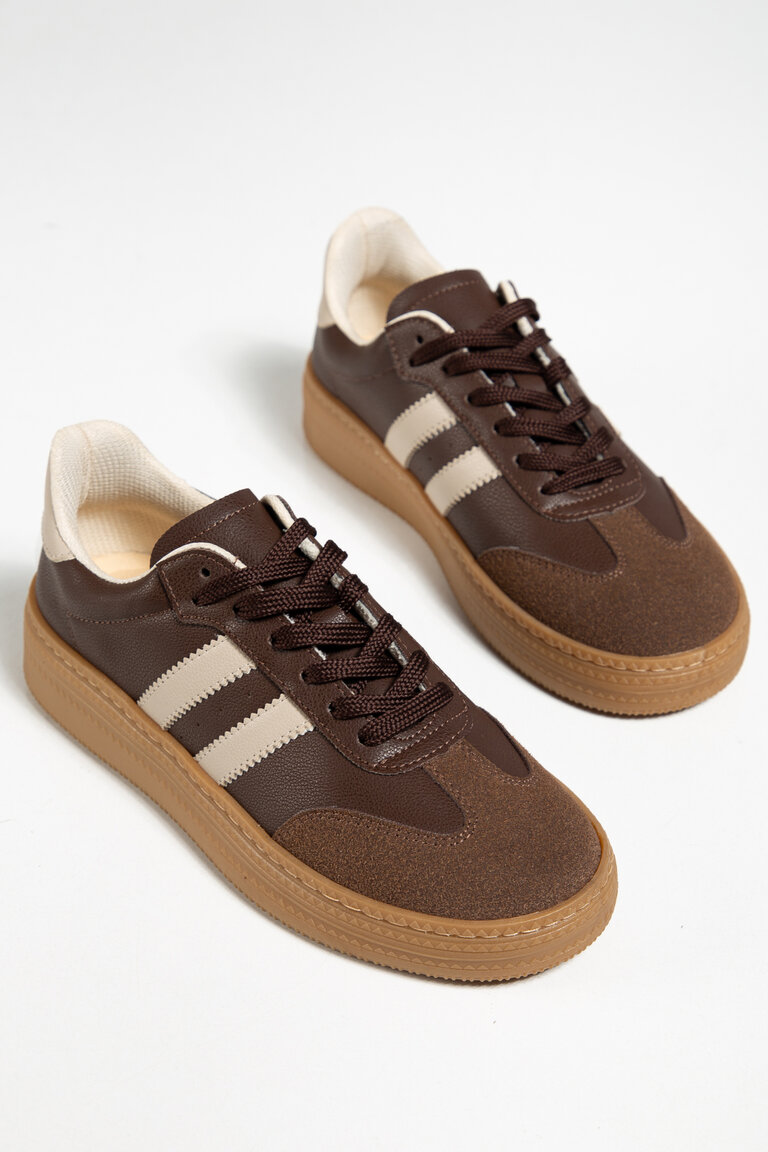 Kadın Kahve Bej Kadın Rahat Kalıp Yumuşak Deri Sneaker