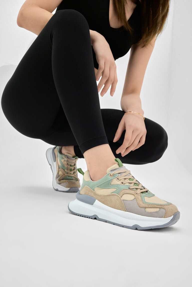 Kadın Bej Yeşil Eva Taban Rahat Kalıp Sneaker