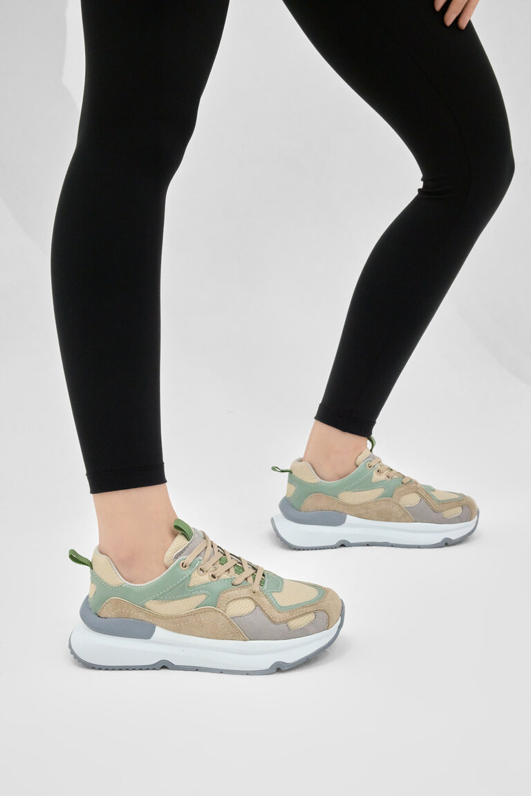 Kadın Bej Yeşil Eva Taban Rahat Kalıp Sneaker