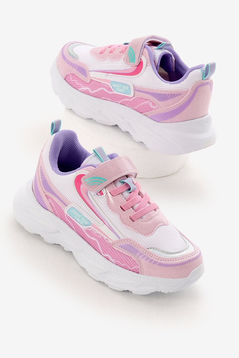 Çocuk Unisex Pembe Beyaz EVA Faylon Taban Desenli Cırtlı Lastik Bağcıklı Spor Ayakkabı