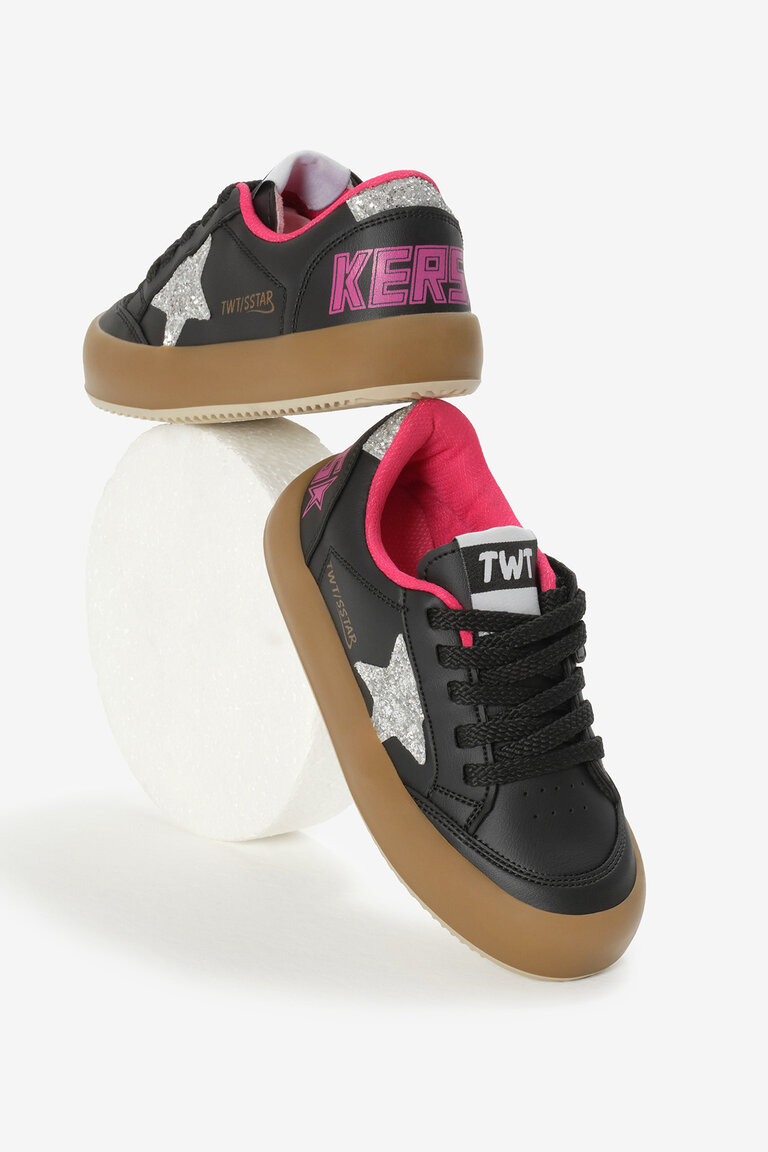 Çocuk Unisex Siyah Gümüş Termo Taban Yıldız Detaylı Bağcıklı ve Cırtlı Spor Ayakkabı