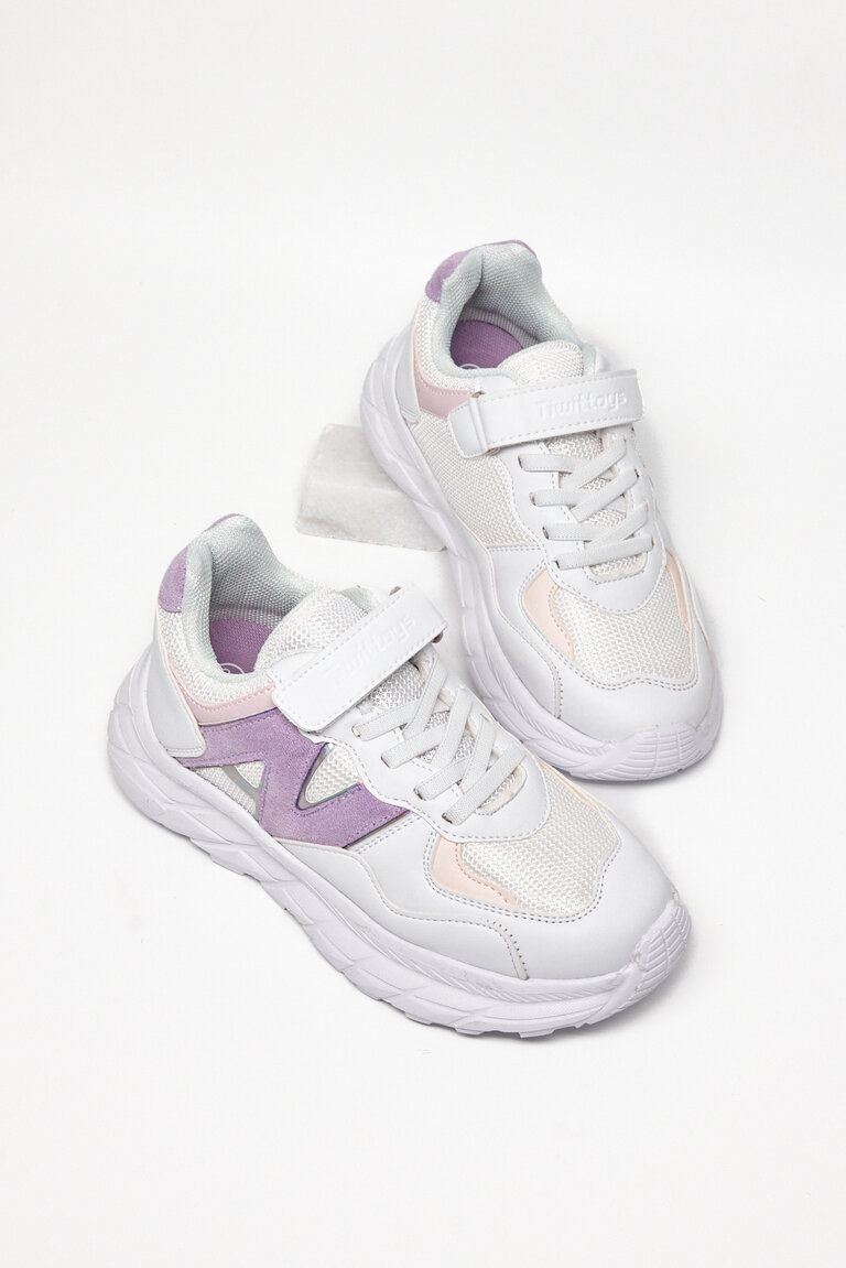 Çocuk Unisex Beyaz Lila Rahat Kalıp Cırtlı Bağcıklı Sneaker