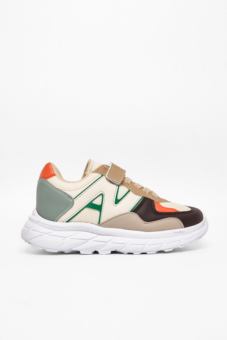 Çocuk Unisex Krem Kahve Rahat Kalıp Cırtlı Bağcıklı Sneaker