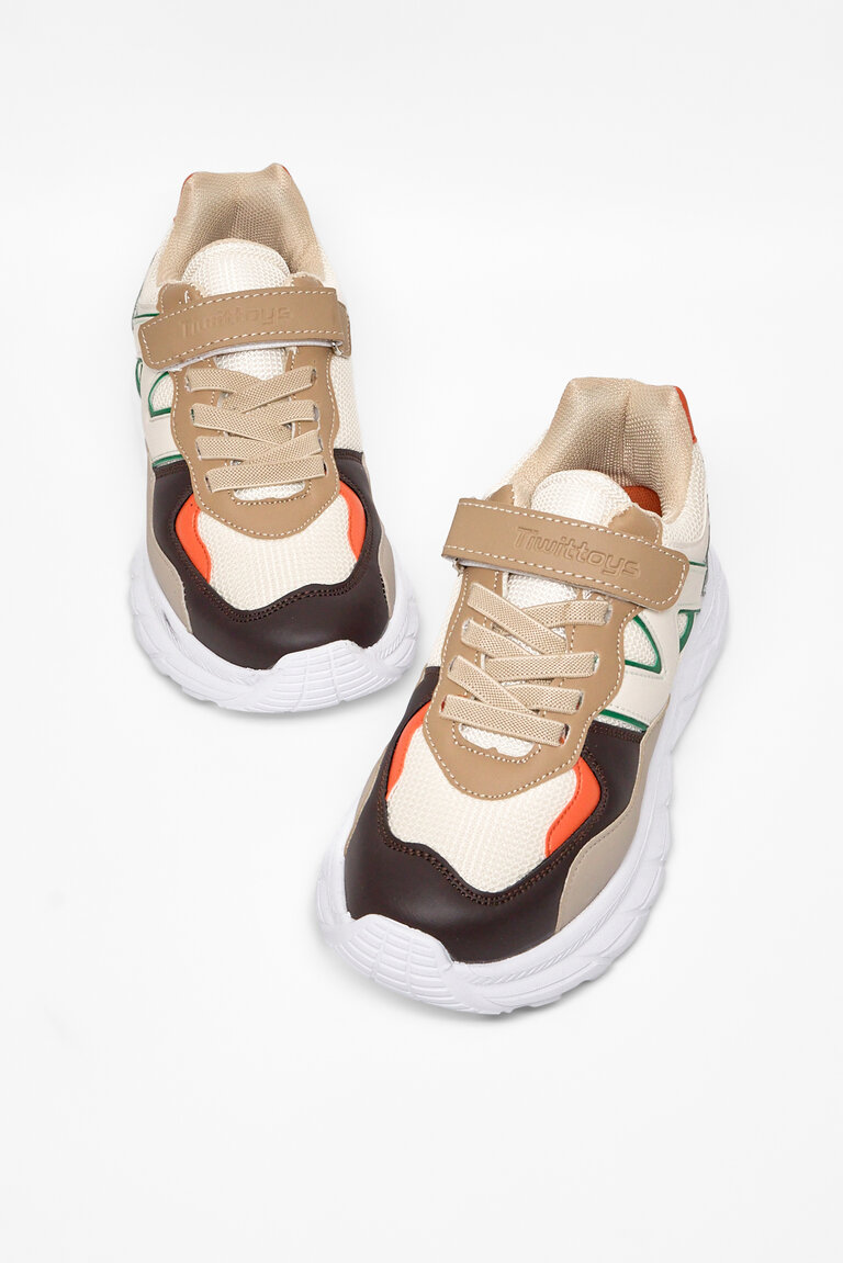 Çocuk Unisex Krem Kahve Rahat Kalıp Cırtlı Bağcıklı Sneaker