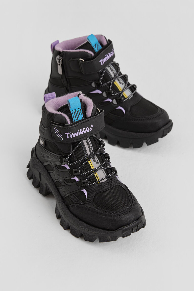 Çocuk Unisex Siyah Lila Kalın Kauçuk Taban Lastik Bağcıklı Cırtlı Outdoor Trekking Bot