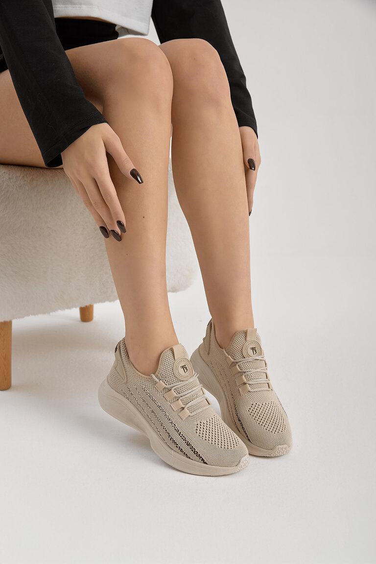 Unisex Bej Termo Taban Şerit Detaylı Bağcıklı Triko Spor Ayakkabı