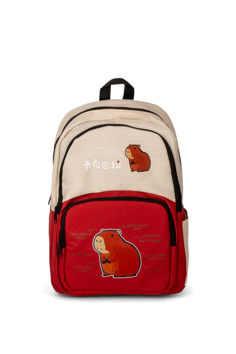 Çocuk Unisex Krem Kırmızı Sincap Baskılı Sırt Çantası