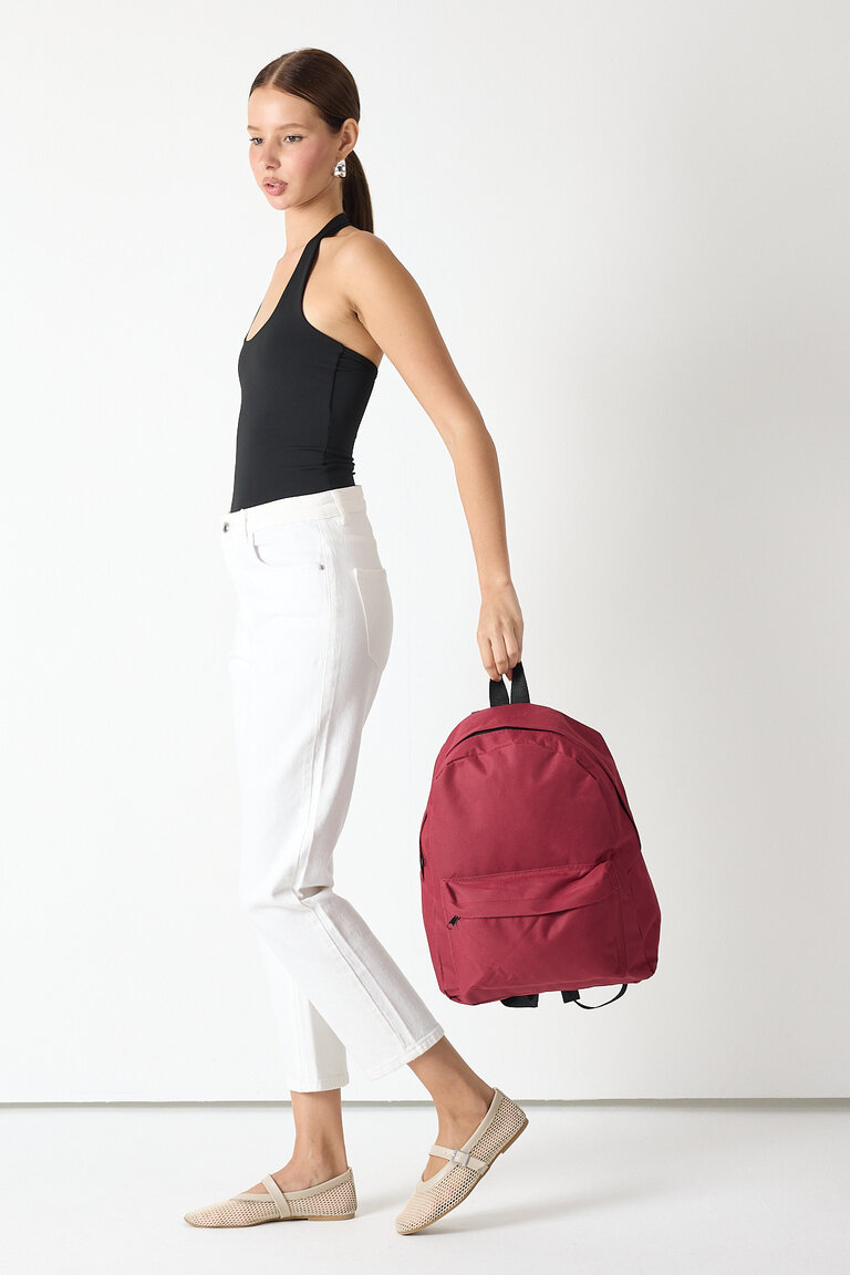 Unisex Bordo Önü Fermuarlı İki Bölmeli Sırt Çantası