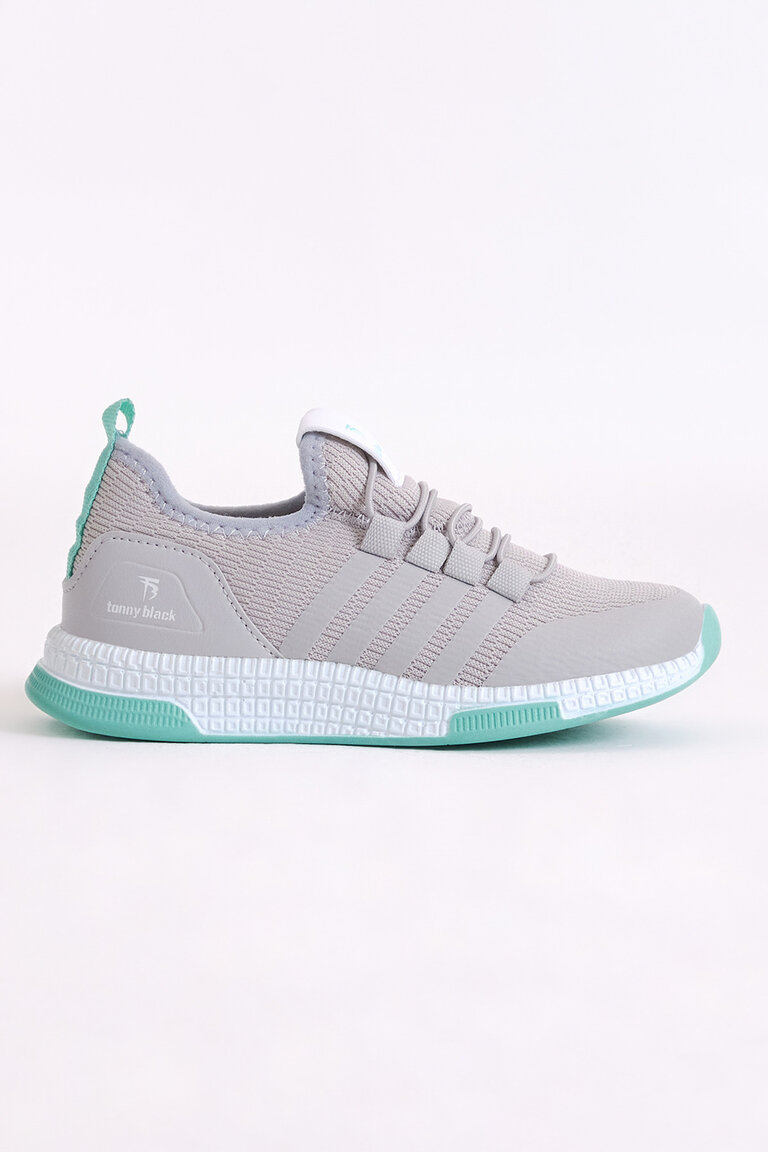 Çocuk Unisex Gri Yeşil Rahat Kalıp Şeritli Bağcıklı Spor Ayakkabı
