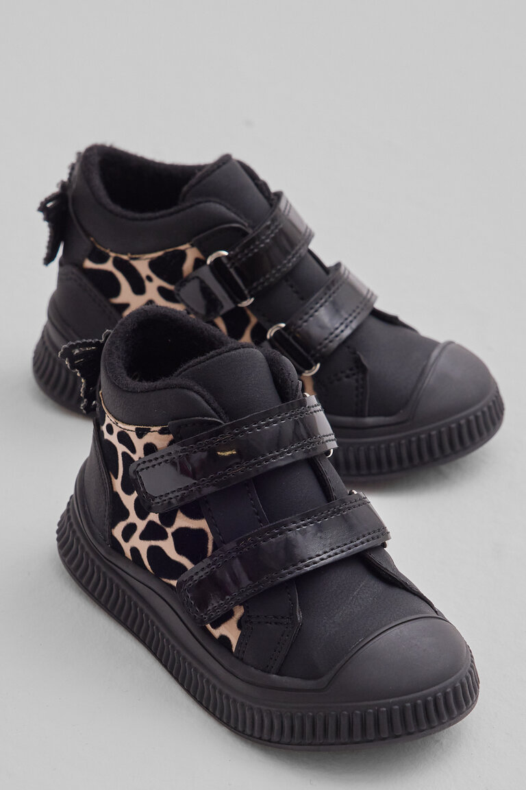 Çocuk Unisex Siyah Leopar Esnek Termo Taban Çift Cırtlı Şerit Desenli Spor Kısa Bot