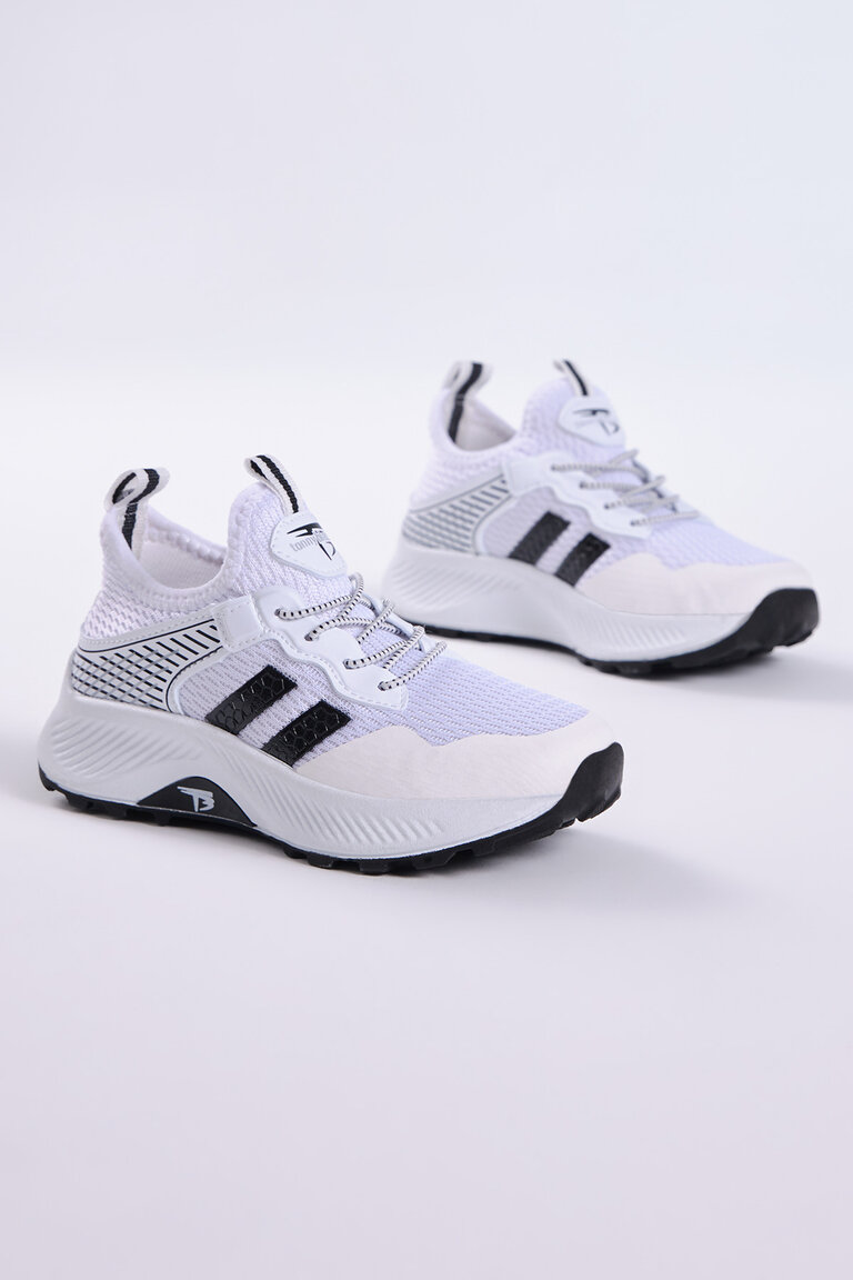 Çocuk Unisex Beyaz Siyah Rahat Kalıp Nefes Alabilen Kumaş Bağcıklı Sneaker
