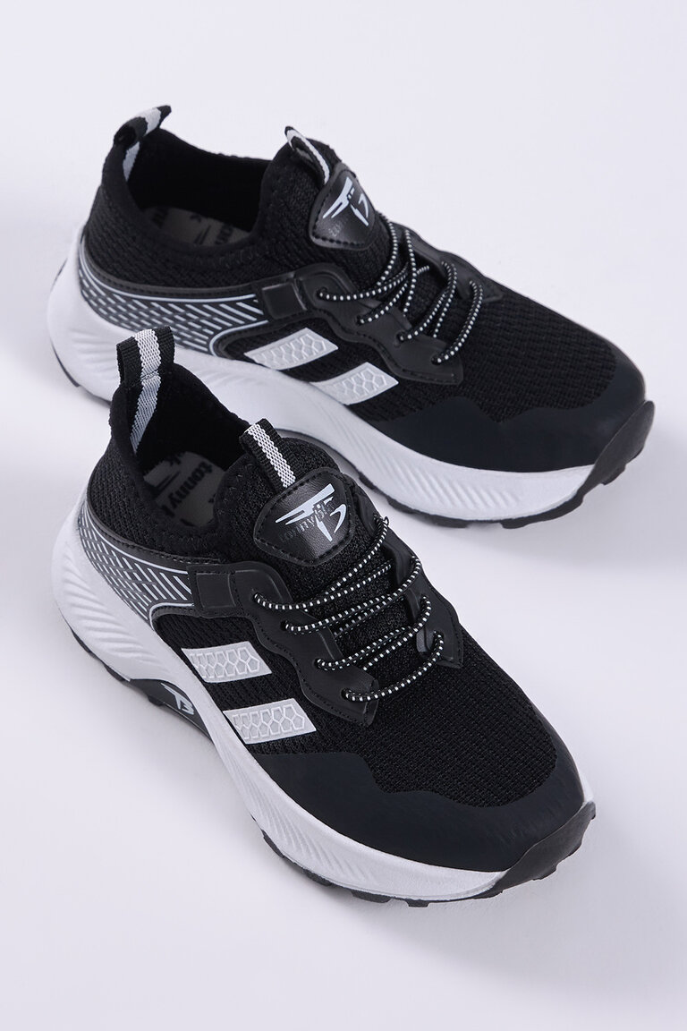 Çocuk Unisex Siyah Beyaz Rahat Kalıp Nefes Alabilen Kumaş Bağcıklı Sneaker