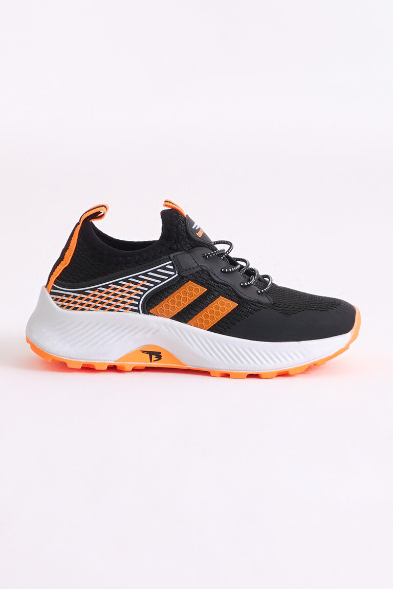 Çocuk Unisex Siyah Oranj Rahat Kalıp Nefes Alabilen Kumaş Bağcıklı Sneaker