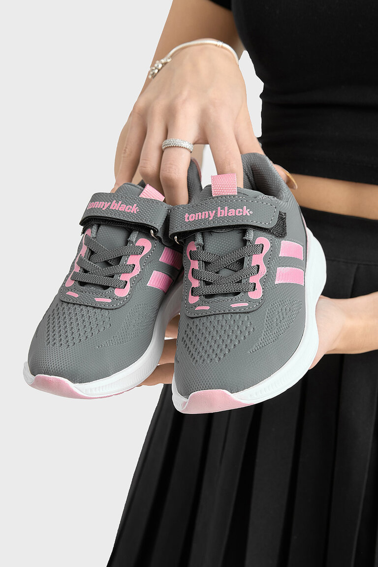 Çocuk Unisex Füme Pembe Eva Taban Yanı Şeritli File Detaylı Cırtlı Spor Ayakkabı