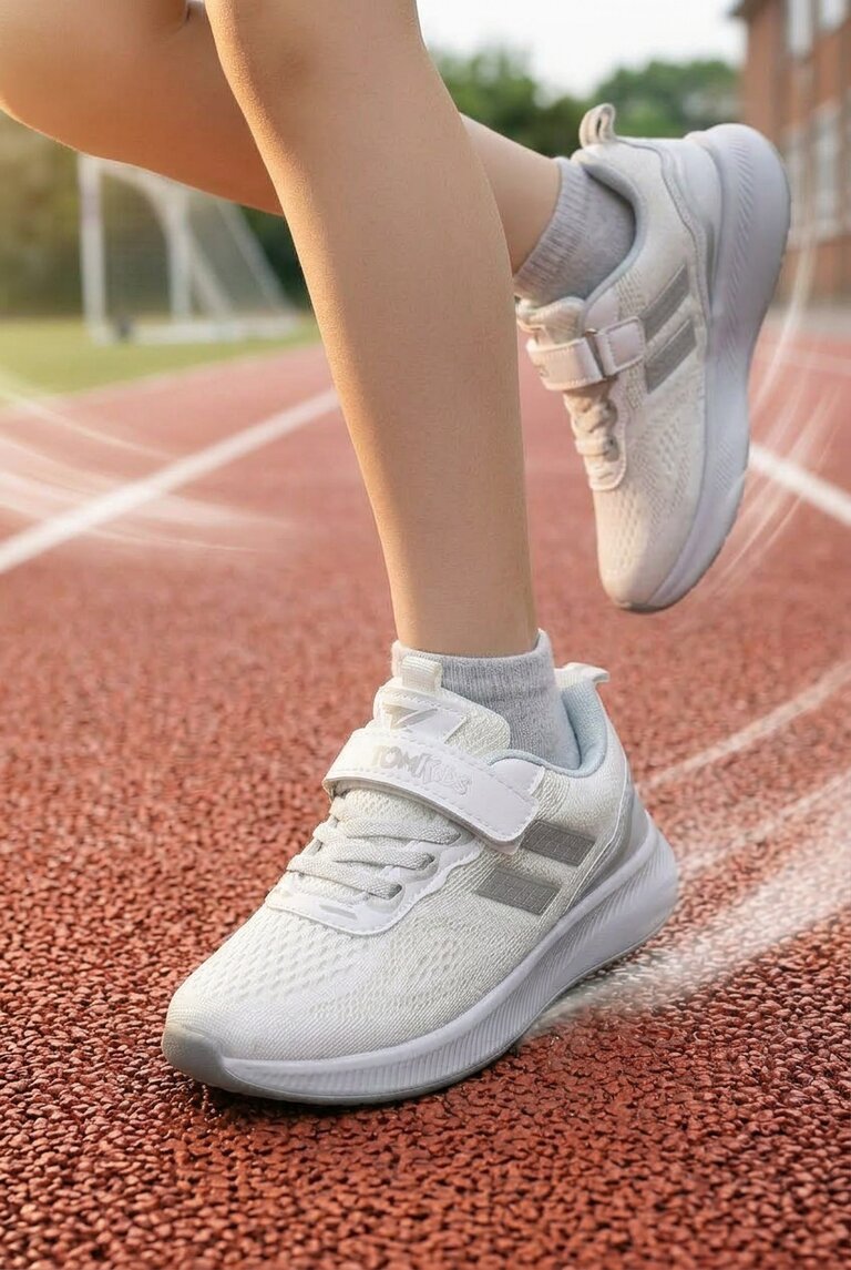 Çocuk Unisex Beyaz Gümüş Rahat Kalıp Nefes Alabilen Cırtlı Bağcıklı Sneaker