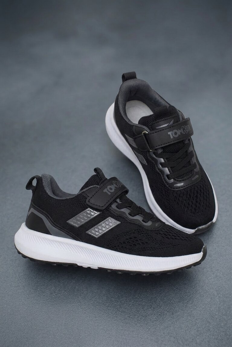 Çocuk Unisex Siyah Füme Rahat Kalıp Nefes Alabilen Cırtlı Bağcıklı Sneaker