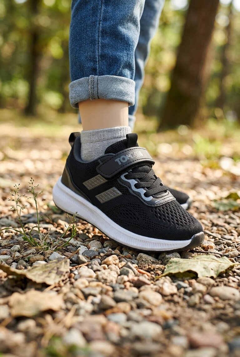 Çocuk Unisex Siyah Füme Rahat Kalıp Nefes Alabilen Cırtlı Bağcıklı Sneaker