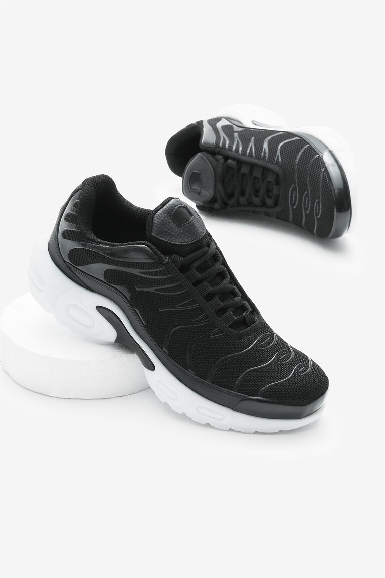Unisex Siyah Beyaz Faylon TPU Taban Nefes Alabilen Kumaş Bağcıklı Spor Ayakkabı