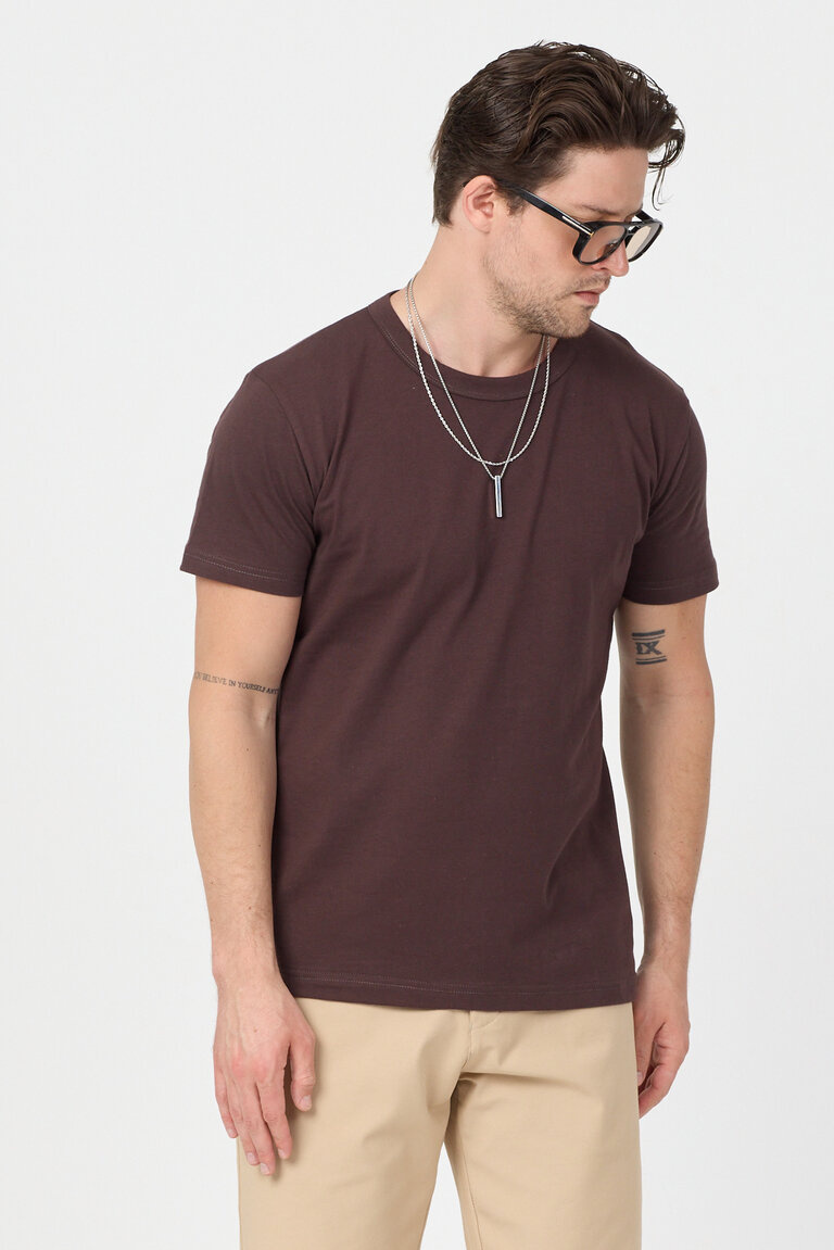 Erkek Acı Kahve Normal Kalıp Rahat  Basic T-Shirt