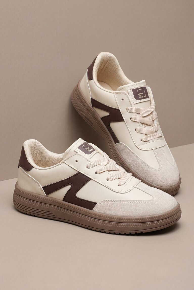 Kadın Bej Kahve Rahat Kalıp Kauçuk Taban Bağcıklı Sneaker