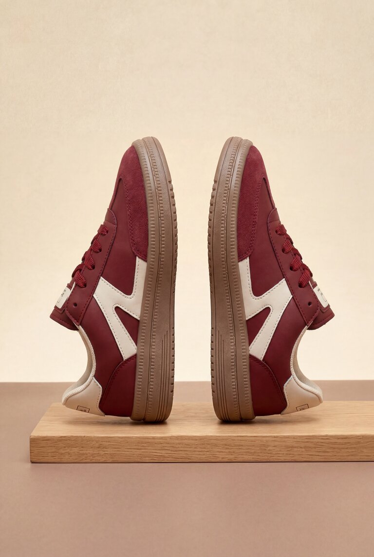 Kadın Bordo Bej Rahat Kalıp Kauçuk Taban Bağcıklı Sneaker