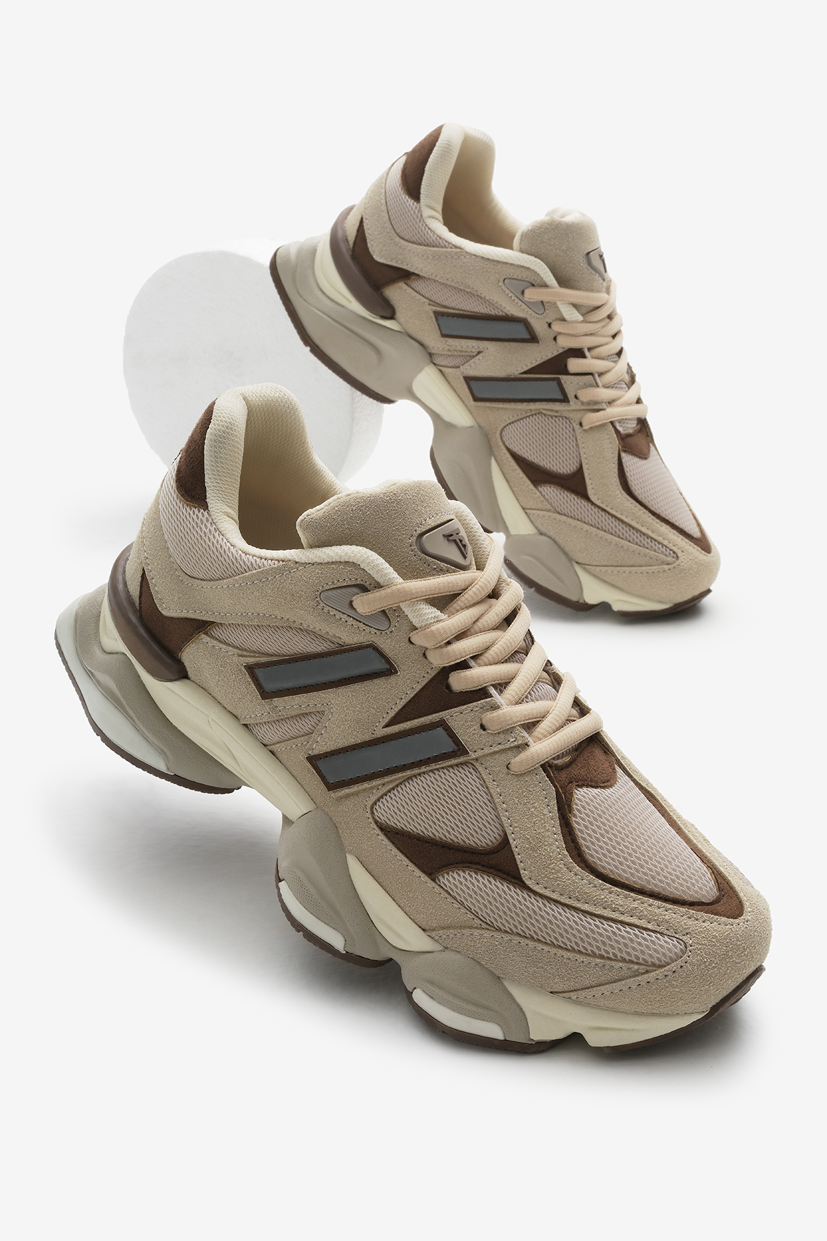 Unisex Bej Poli Taban Anorak Desenli Yüksek Taban Bağcıklı Spor Ayakkabı