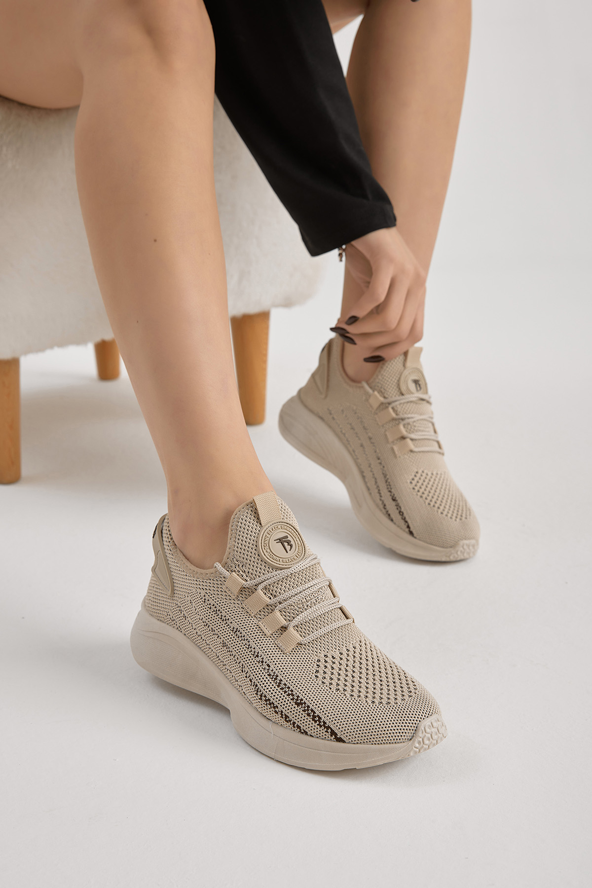 Unisex Bej Termo Taban Şerit Detaylı Bağcıklı Triko Spor Ayakkabı