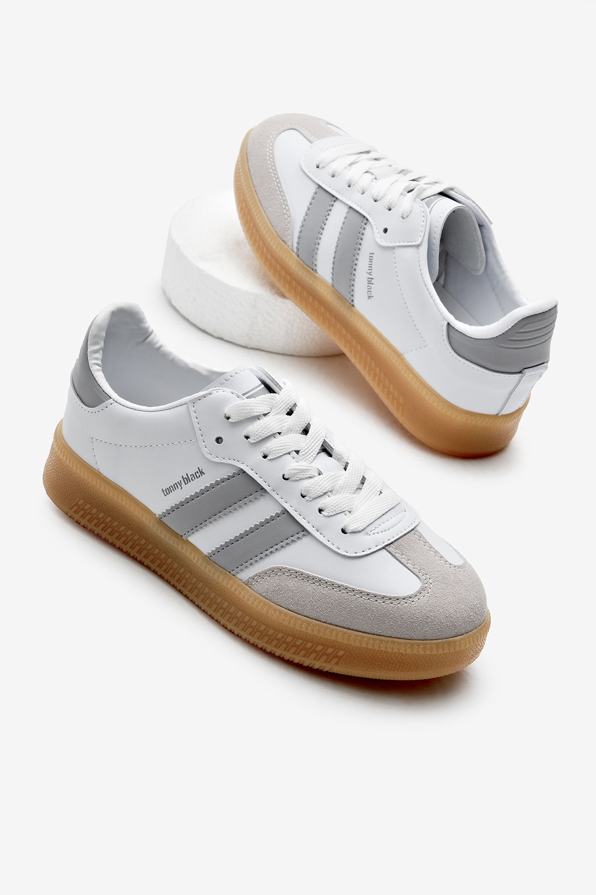 Unisex Beyaz Gri Kalın Termo Taban Yanı Şeritli Bağcıklı Spor Ayakkabı