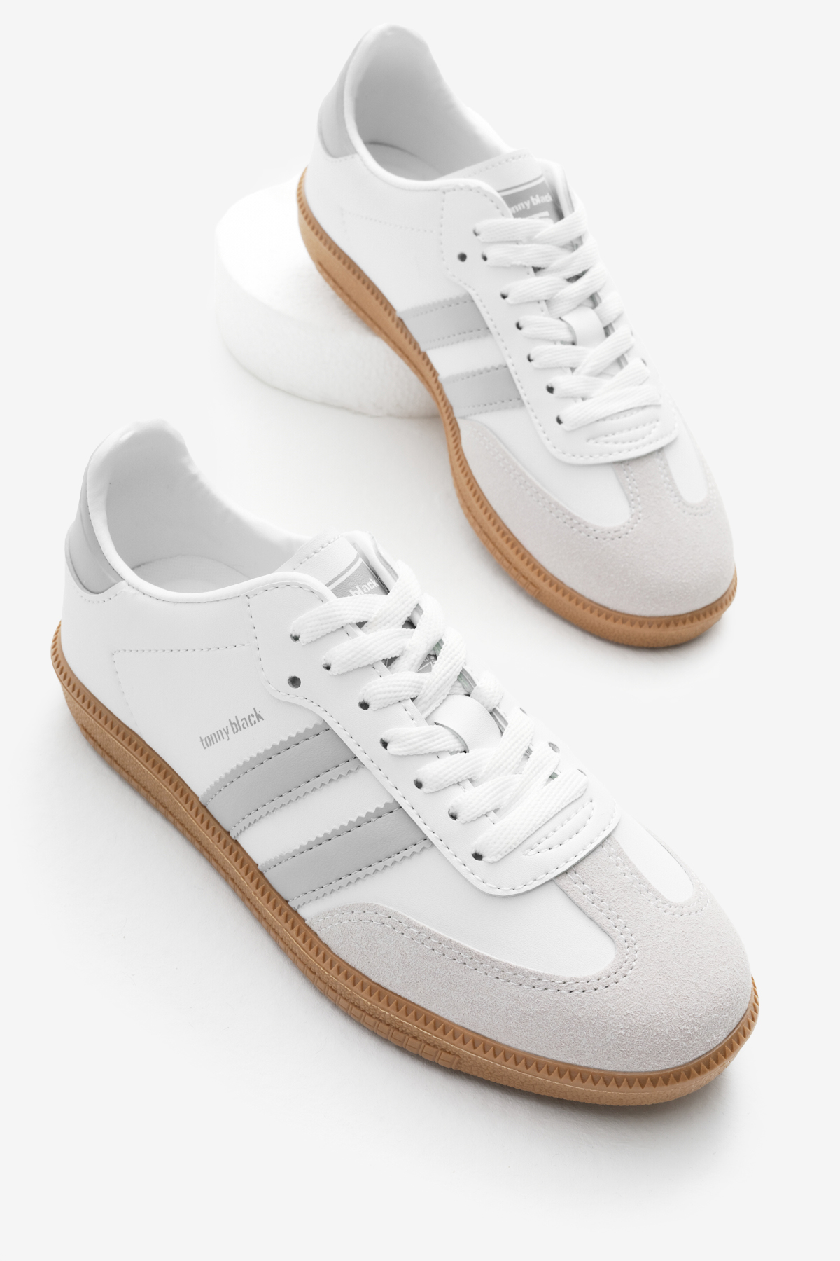 Unisex Beyaz Gri Termo Taban Yanı Şeritli Bağcıklı Spor Ayakkabı