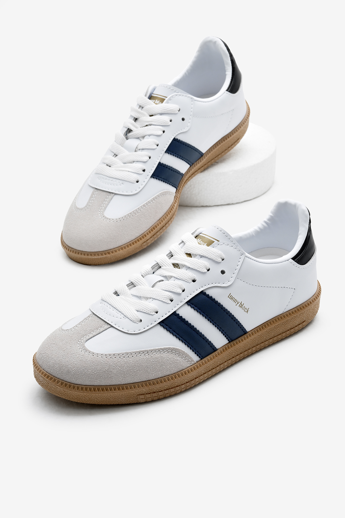 Unisex Beyaz Lacivert Termo Taban Yanı Şeritli Bağcıklı Spor Ayakkabı