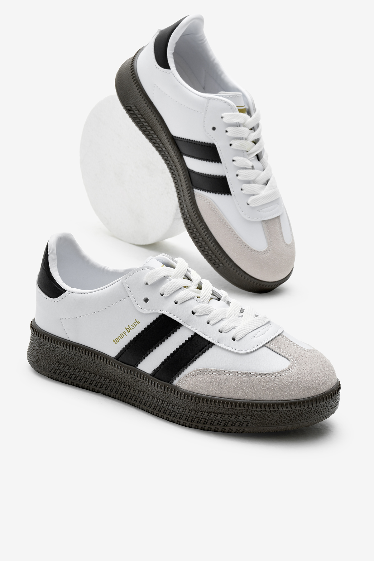 Unisex Beyaz Siyah Kalın Termo Taban Yanı Şeritli Bağcıklı Spor Ayakkabı