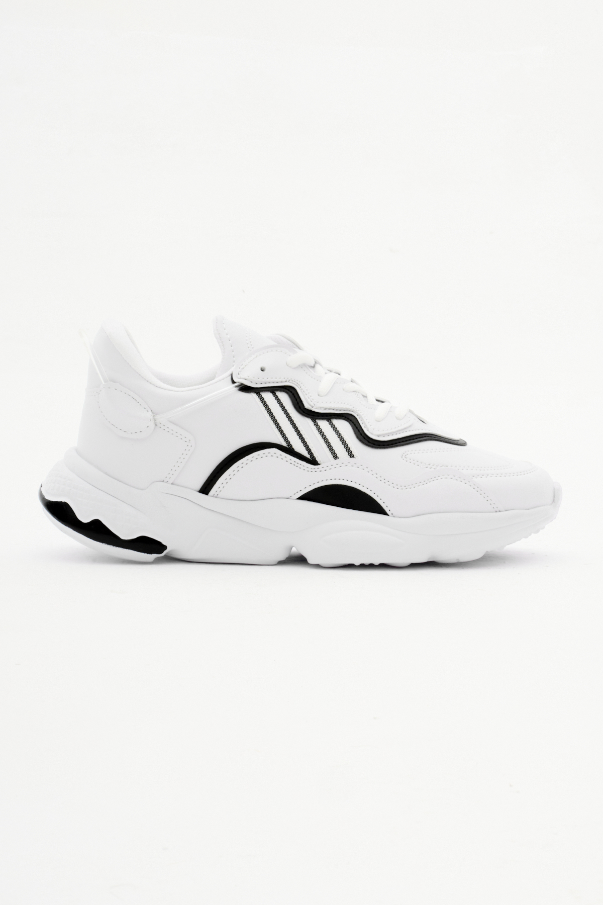 Unisex Beyaz Siyah Rahat Kalıp Yüksek Taban Şeritli Bağcıklı Spor Ayakkabı