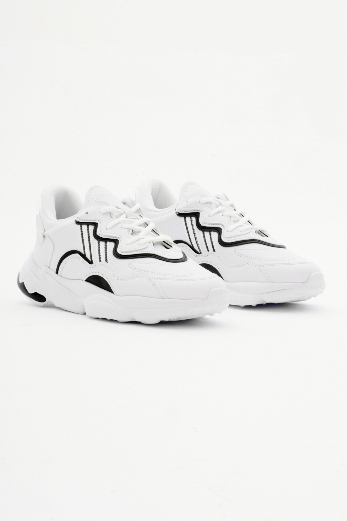 Unisex Beyaz Siyah Rahat Kalıp Yüksek Taban Şeritli Bağcıklı Spor Ayakkabı