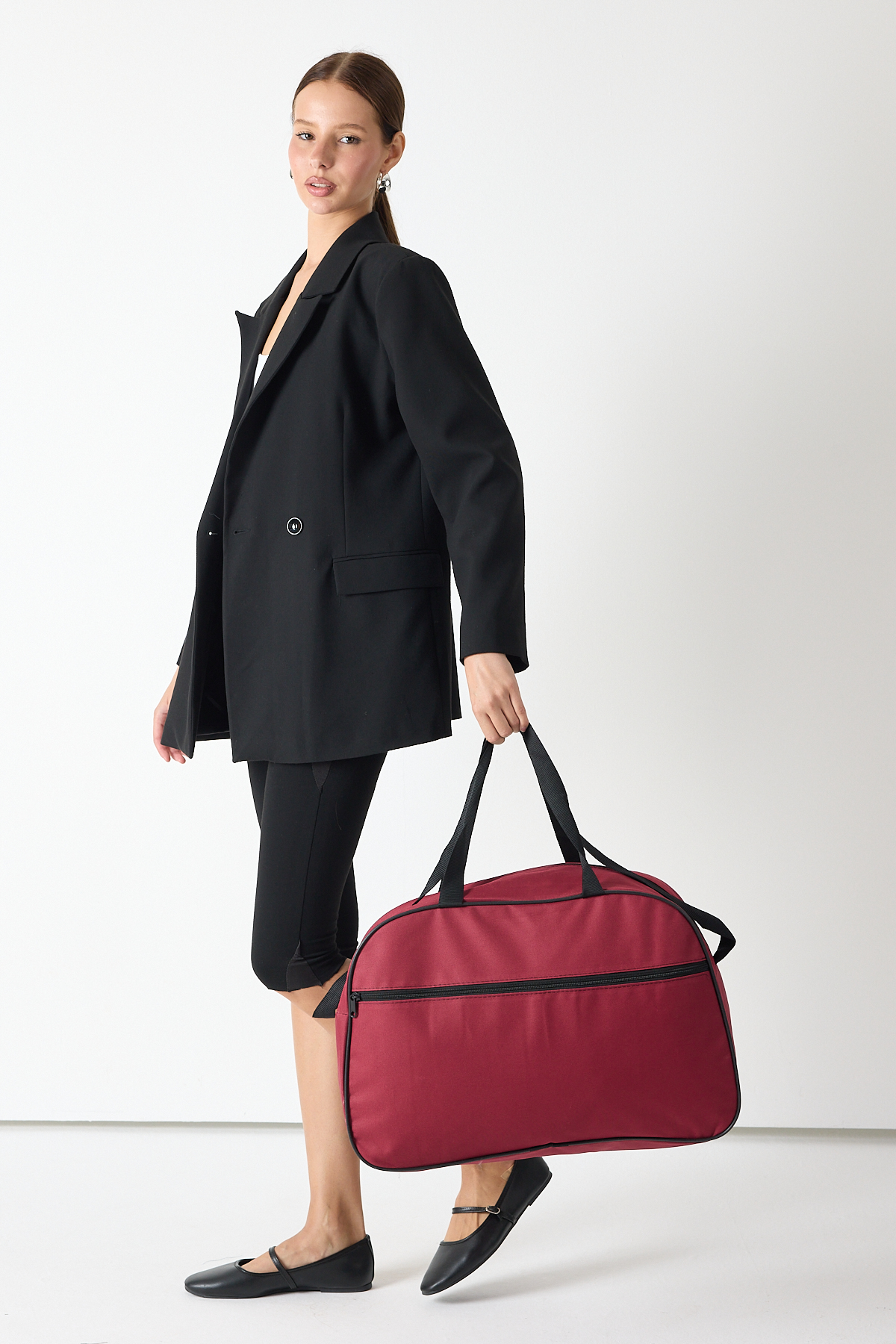 Unisex Bordo Önü Fermuarlı Seyehat ve Spor Çantası