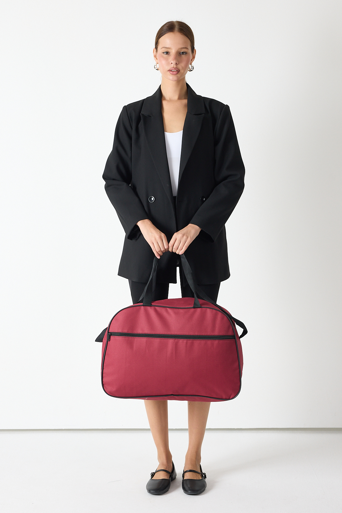 Unisex Bordo Önü Fermuarlı Seyehat ve Spor Çantası