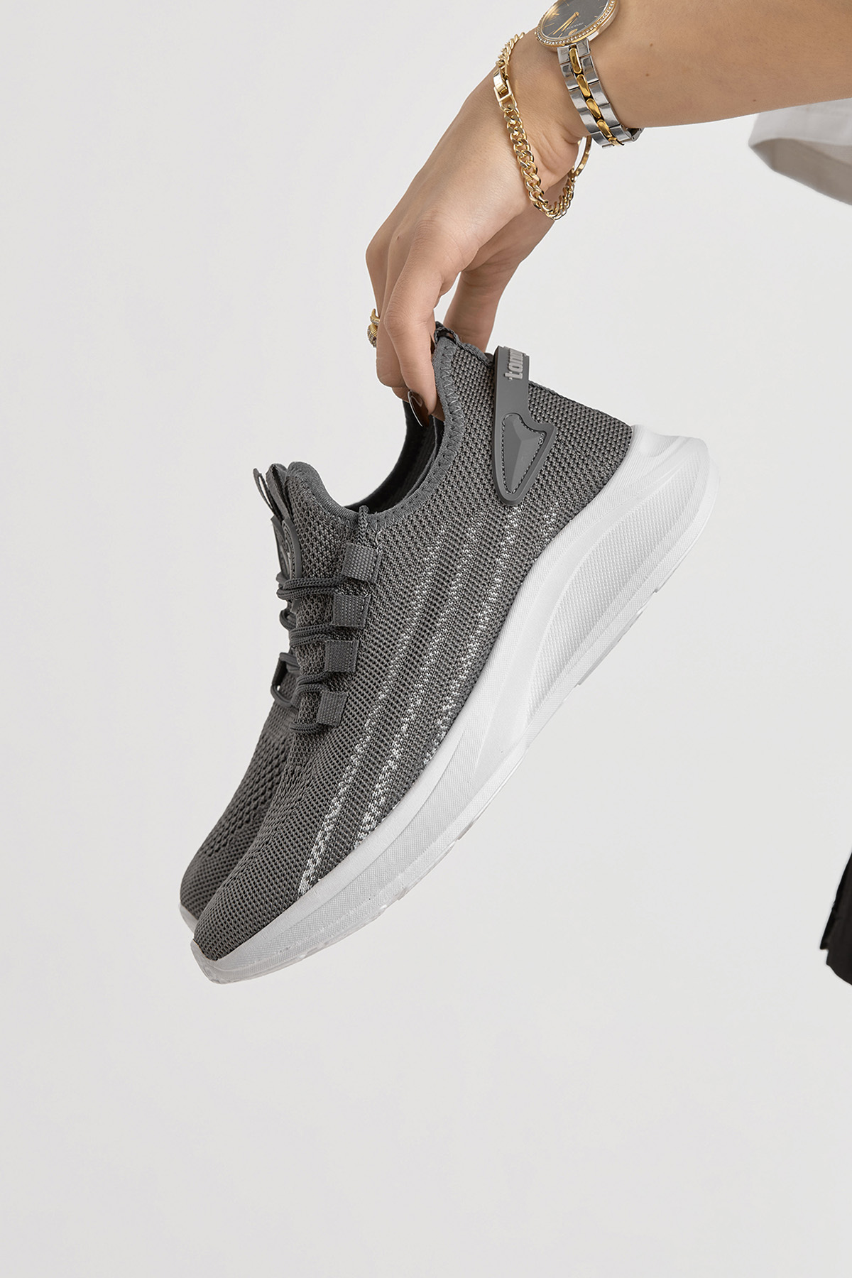 Unisex Füme Termo Taban Şerit Detaylı Bağcıklı Triko Spor Ayakkabı