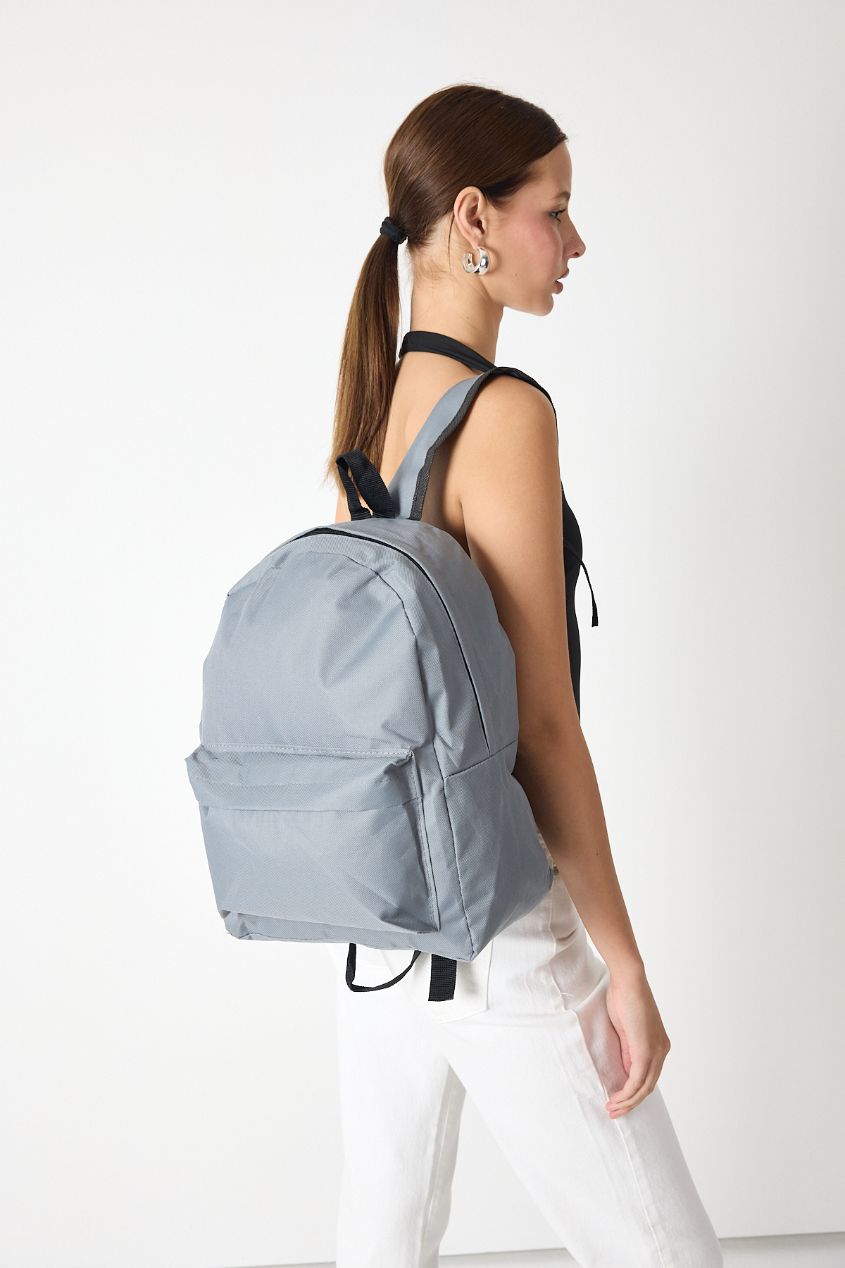 Unisex Gri Önü Fermuarlı İki Bölmeli Sırt Çantası